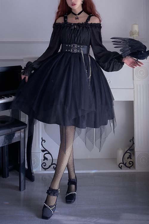 Sweet Lolita OP Dress - Twelve O'clock Star Irregular, 2 Colors, High-Low Hem - S Black / L Black option