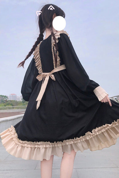Sweet Lolita OP Dress - Waist Bow Ruffled, 2 Colors, Bow Detail, Long Sleeves - additional product view 2