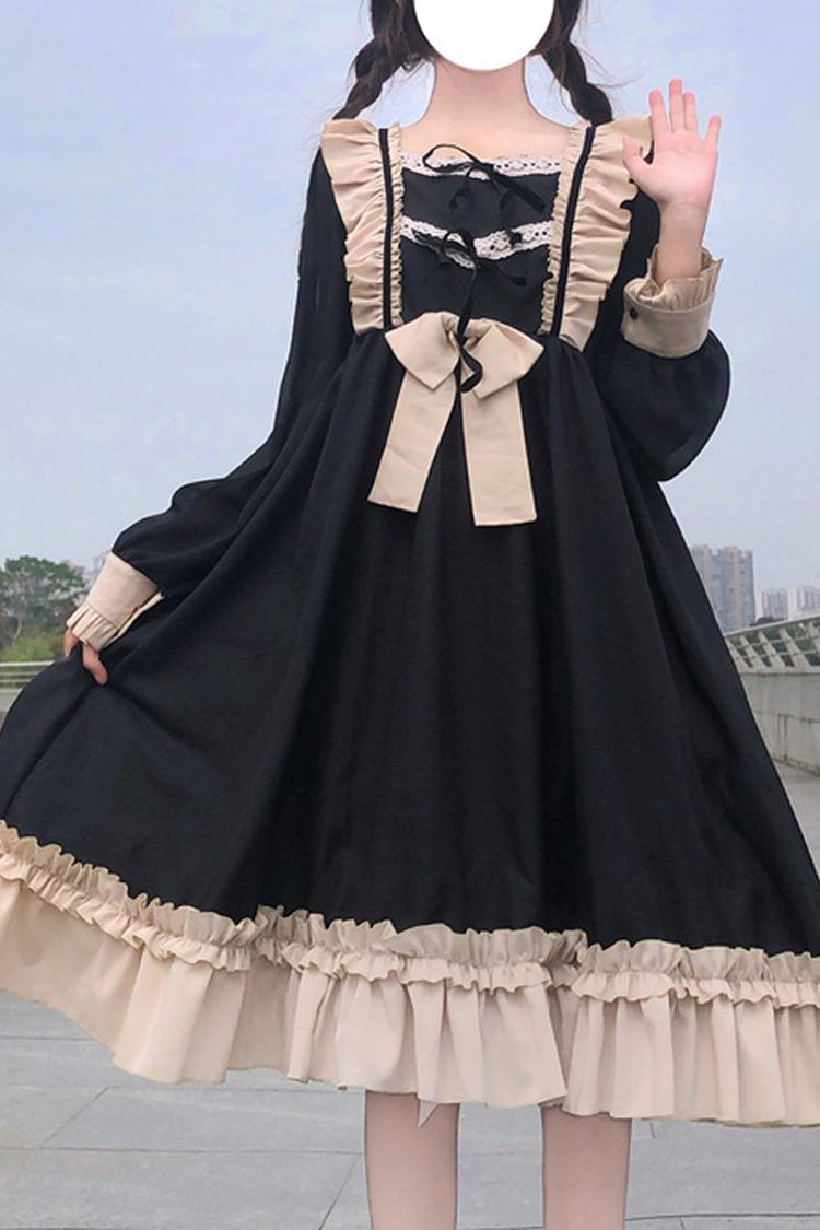 Sweet Lolita OP Dress - Waist Bow Ruffled, 2 Colors, Bow Detail, Long Sleeves - main product image
