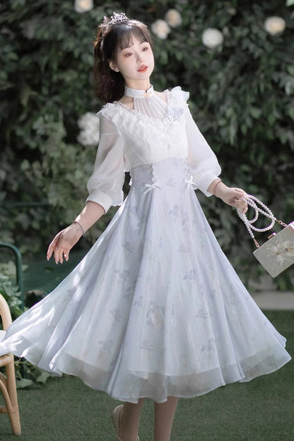 Sweet Lolita OP Dress - White/blue, 2 Colors, High Waist, Lace Trim - additional product view 2