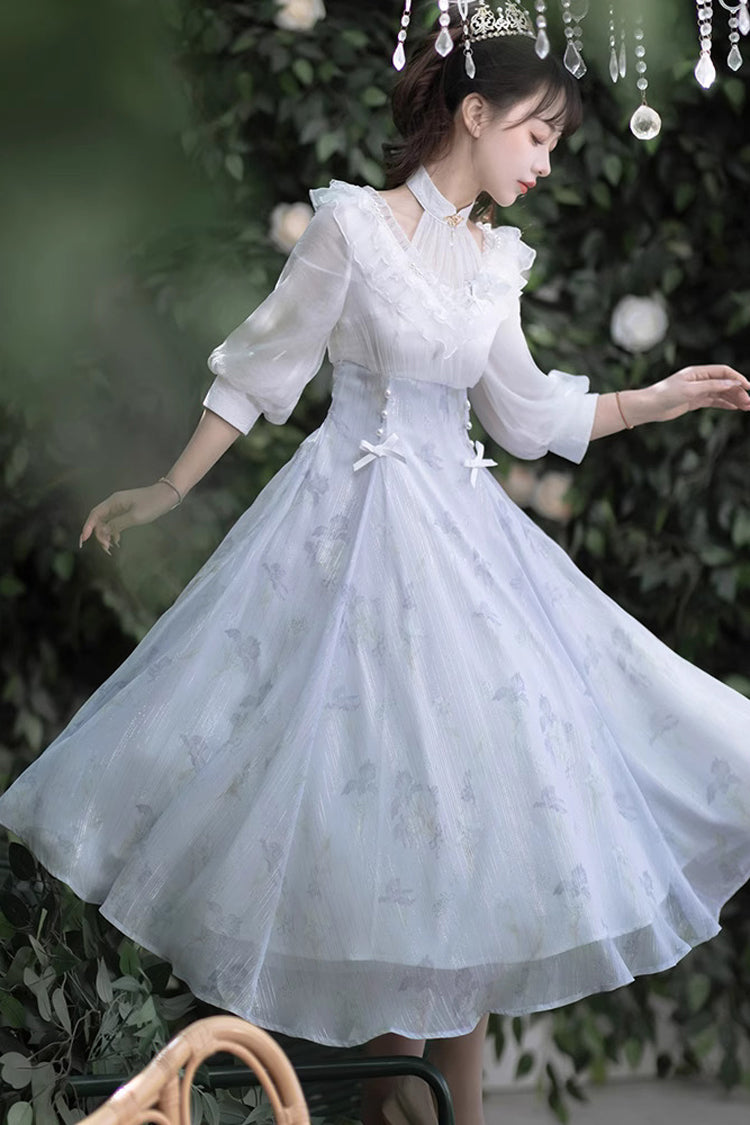 Sweet Lolita OP Dress - White/blue, 2 Colors, High Waist, Lace Trim - additional product view 3