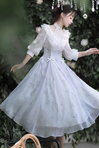 Sweet Lolita OP Dress - White/blue, 2 Colors, High Waist, Lace Trim - additional product view 3
