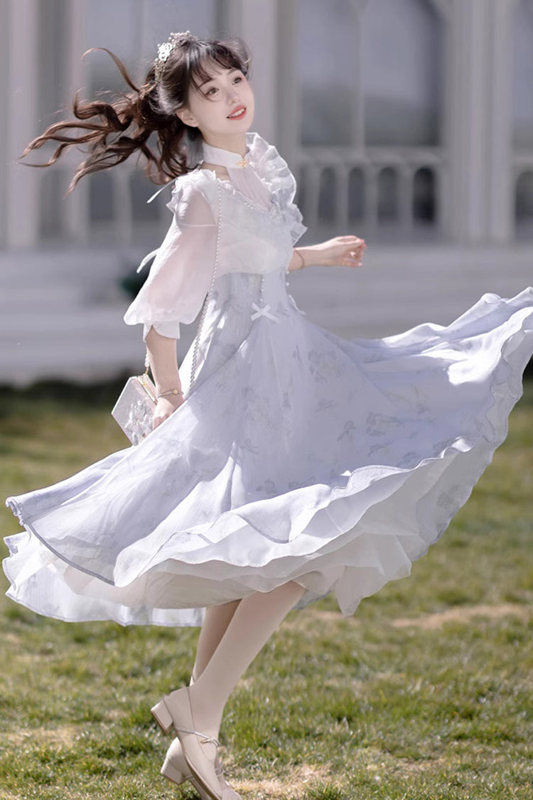 Sweet Lolita OP Dress - White/blue, 2 Colors, High Waist, Lace Trim - additional product view 4