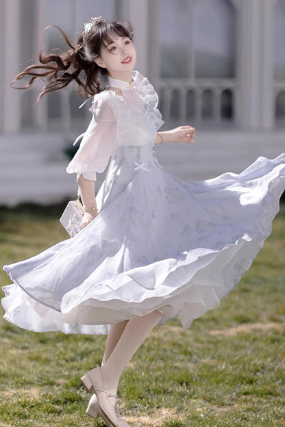 Sweet Lolita OP Dress - White/blue, 2 Colors, High Waist, Lace Trim - additional product view 4