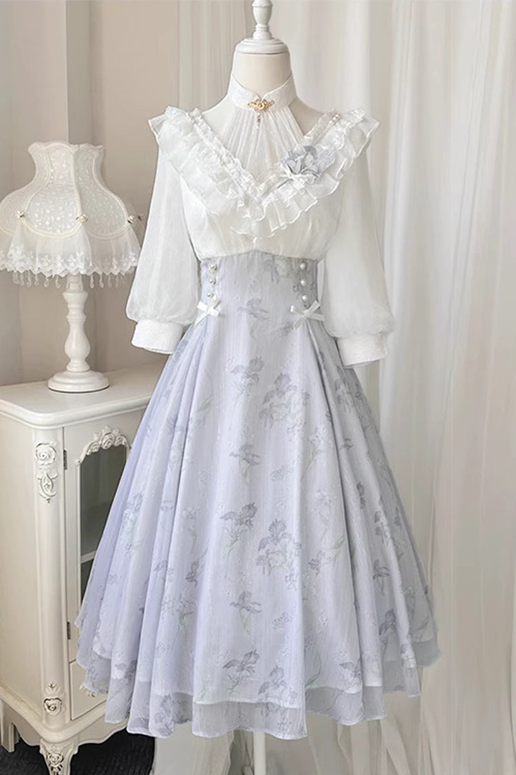 Sweet Lolita OP Dress - White/blue, 2 Colors, High Waist, Lace Trim - additional product view 6