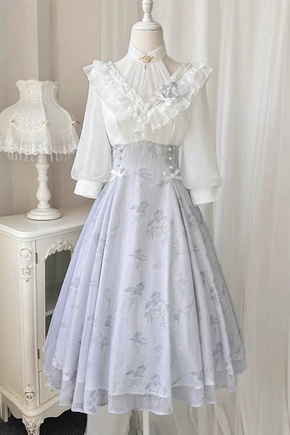 Sweet Lolita OP Dress - White/blue, 2 Colors, High Waist, Lace Trim - additional product view 6