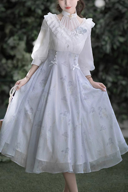 Sweet Lolita OP Dress - White/blue, 2 Colors, High Waist, Lace Trim - main product image