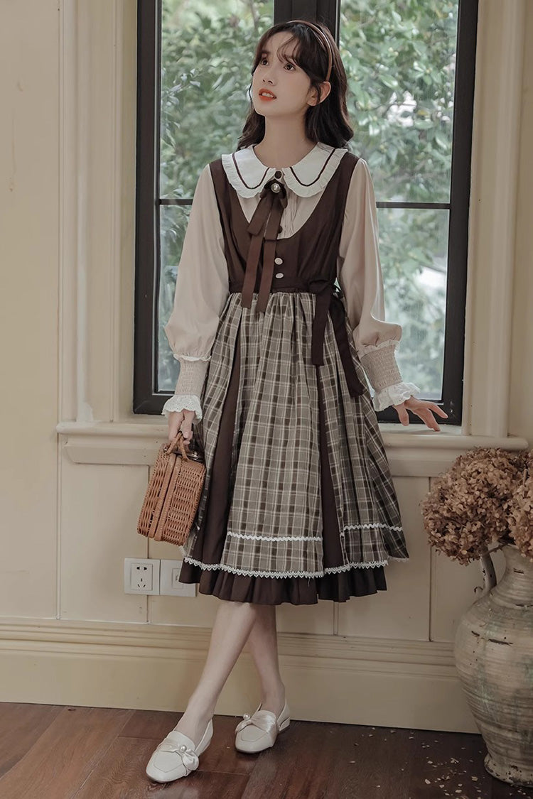 Sweet Lolita OP Dress - White/brown Campus Style Doll, 2 Colors, Plaid - additional product view 2