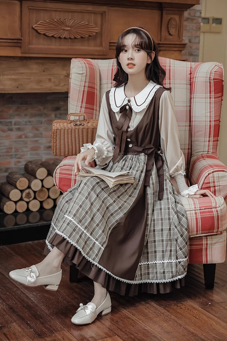 Sweet Lolita OP Dress - White/brown Campus Style Doll, 2 Colors, Plaid - additional product view 3