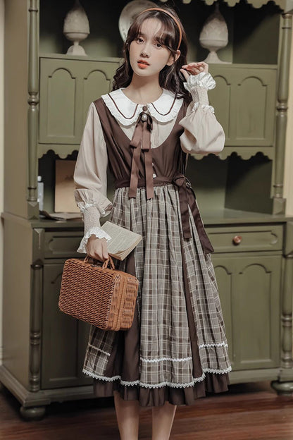 Sweet Lolita OP Dress - White/brown Campus Style Doll, 2 Colors, Plaid - additional product view 4