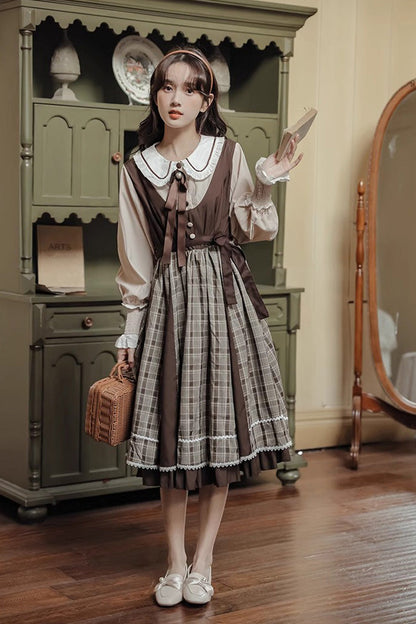 Sweet Lolita OP Dress - White/brown Campus Style Doll, 2 Colors, Plaid - additional product view 5