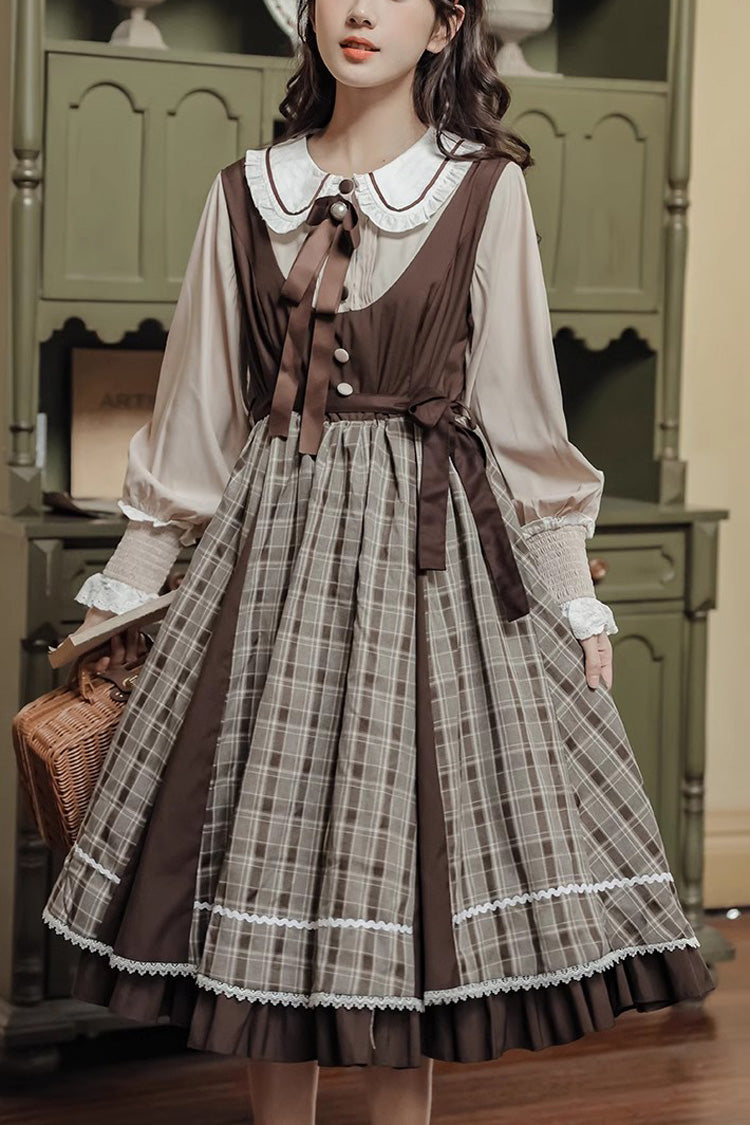 Sweet Lolita OP Dress - White/brown Campus Style Doll, 2 Colors, Plaid - main product image