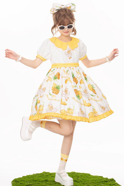 Sweet Lolita OP Dress - White/yellow, 2 Colors, Printed, Bow Detail - additional product view 2