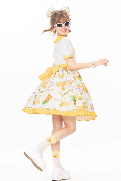 Sweet Lolita OP Dress - White/yellow, 2 Colors, Printed, Bow Detail - additional product view 3