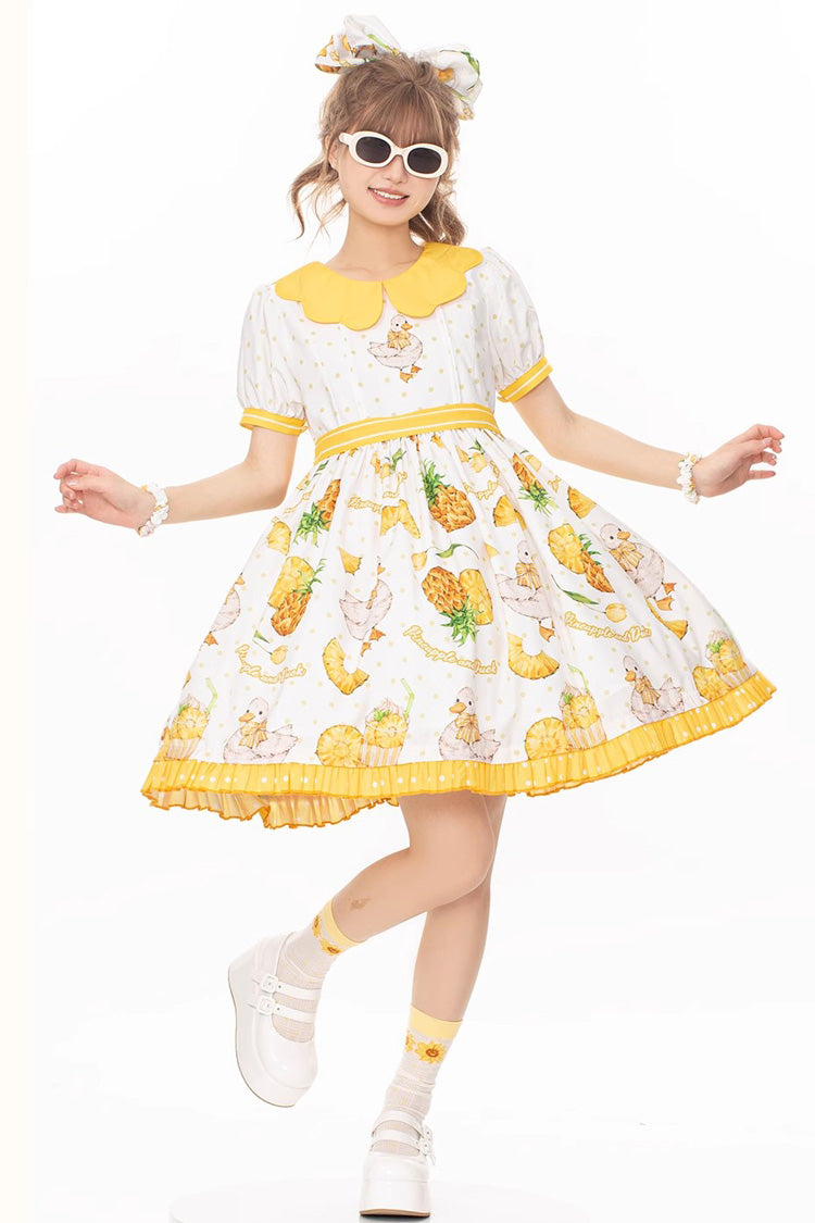 Sweet Lolita OP Dress - White/yellow, 2 Colors, Printed, Bow Detail - main product image