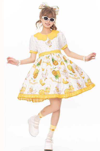 Sweet Lolita OP Dress - White/yellow, 2 Colors, Printed, Bow Detail - main product image