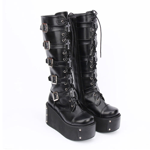 Sweet Lolita Platform Boots - Cross Adornment High Platform, Black, Cross Detail - main product image