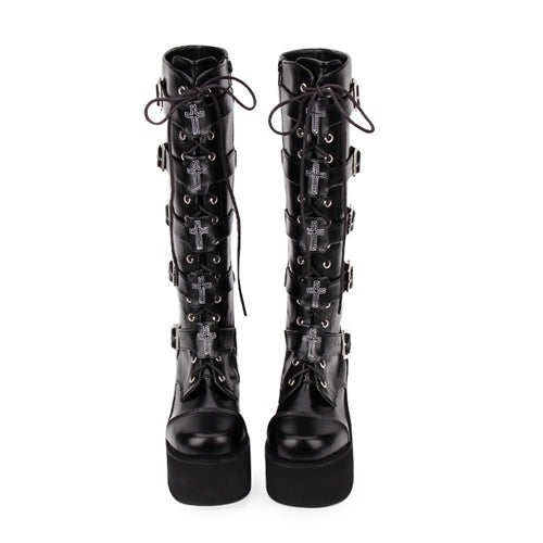 Sweet Lolita Platform Boots - Cross Patent Leather Lace, Black, Lace Trim, Lace-Up - main product image