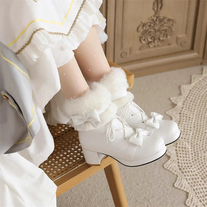 Sweet Lolita Platform Boots - Fleece-lined Thickened Bow, 2 Colors, Lace Trim, Lace-Up - additional product view 3