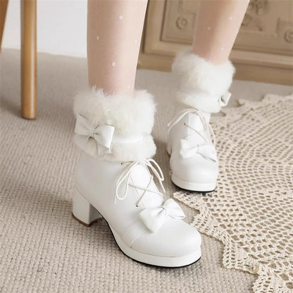 Sweet Lolita Platform Boots - Fleece-lined Thickened Bow, 2 Colors, Lace Trim, Lace-Up - main product image
