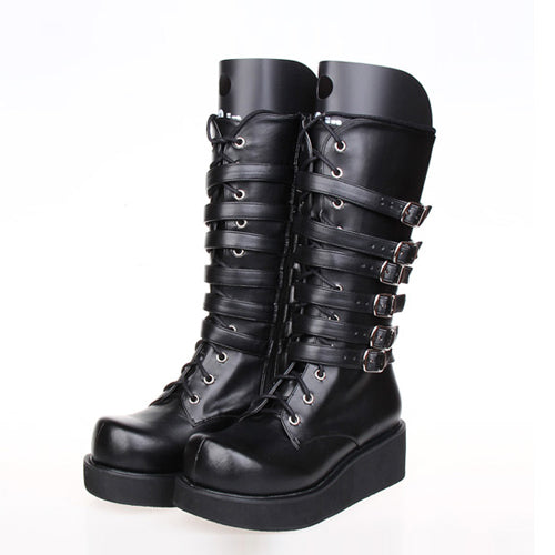 Sweet Lolita Platform Boots - Leather Belt Buckle, Black, Buckle Detail, Lace Trim - additional product view 2