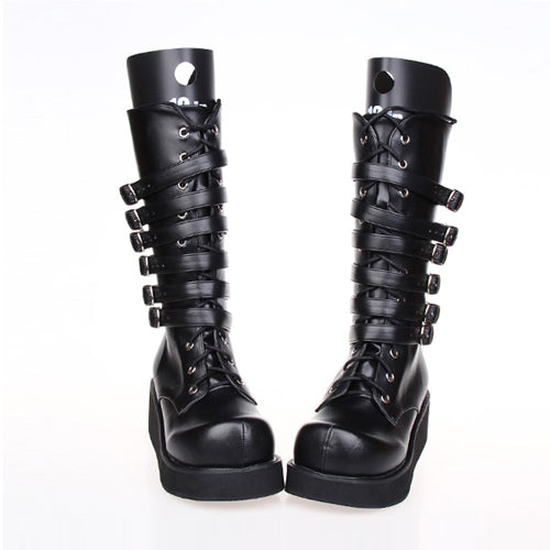 Sweet Lolita Platform Boots - Leather Belt Buckle, Black, Buckle Detail, Lace Trim - additional product view 3