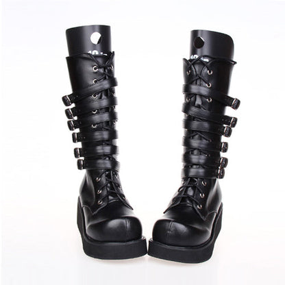 Sweet Lolita Platform Boots - Leather Belt Buckle, Black, Buckle Detail, Lace Trim - additional product view 3