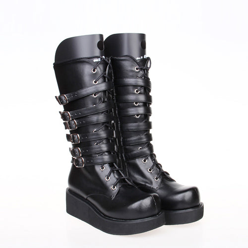 Sweet Lolita Platform Boots - Leather Belt Buckle, Black, Buckle Detail, Lace Trim - main product image