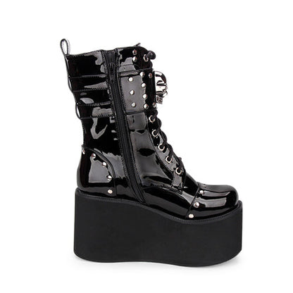 Sweet Lolita Platform Boots - Skull Decorative Side Zip, Black, Zipper Detail - additional product view 3