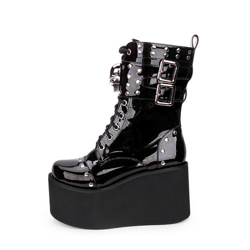 Sweet Lolita Platform Boots - Skull Decorative Side Zip, Black, Zipper Detail - additional product view 4