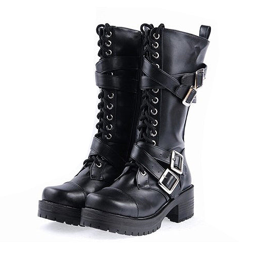 Sweet Lolita Platform Boots - Stylish Patent Leather Straps, Black, Buckle Detail - main product image