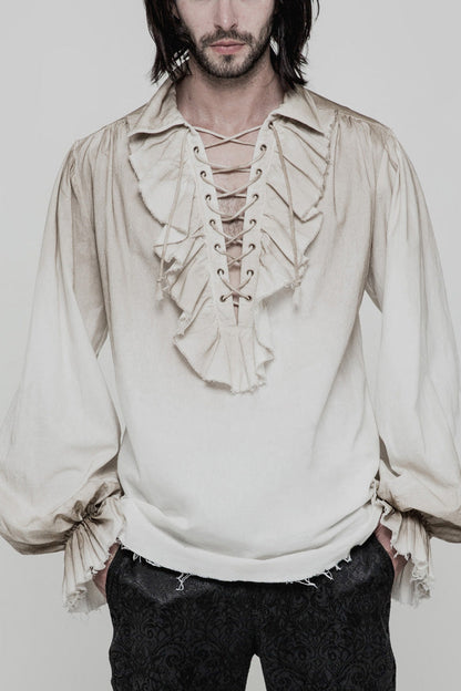Victorian Lolita Blouse - 2 Colors, Men's Style, Long Sleeves, Lace Trim - M White / XL White / 3XL White option