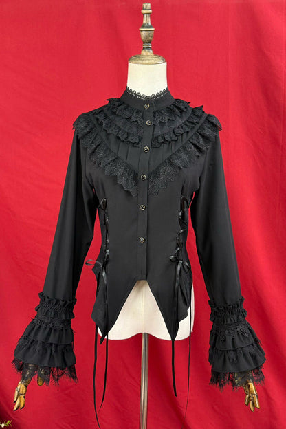 Victorian Lolita Blouse - Broken-wing Bat, 2 Colors, Stand Collar, Bow Detail, Lace Trim - additional product view 2