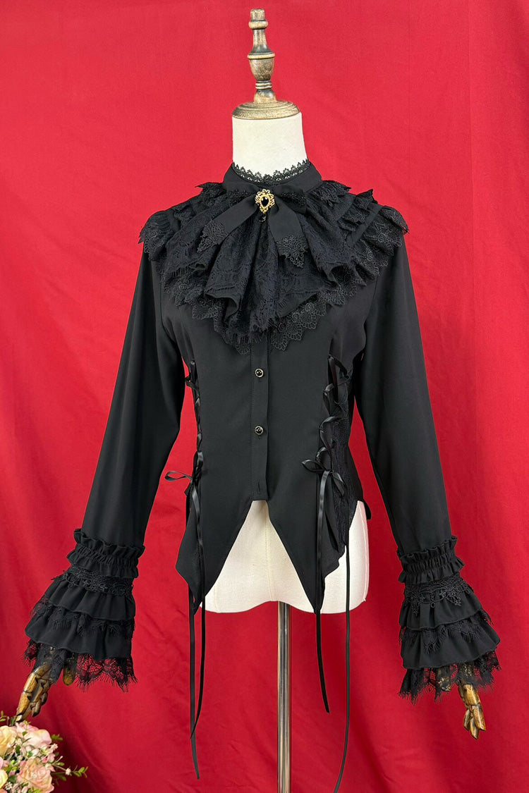 Victorian Lolita Blouse - Broken-wing Bat, 2 Colors, Stand Collar, Bow Detail, Lace Trim - additional product view 3