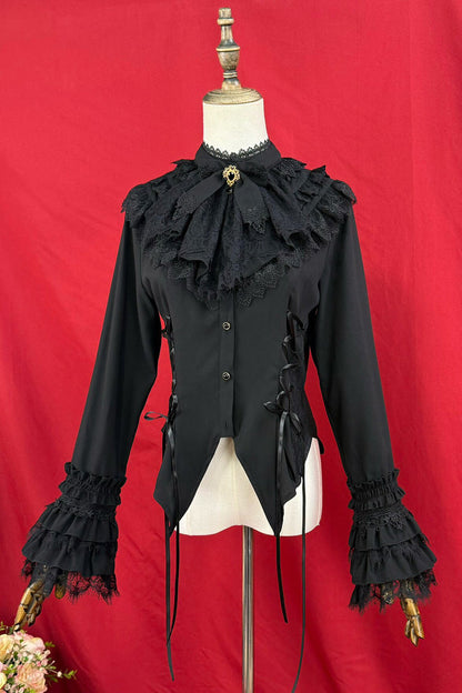 Victorian Lolita Blouse - Broken-wing Bat, 2 Colors, Stand Collar, Bow Detail, Lace Trim - additional product view 3