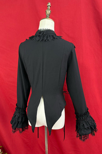 Victorian Lolita Blouse - Broken-wing Bat, 2 Colors, Stand Collar, Bow Detail, Lace Trim - additional product view 4