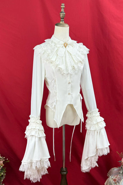 Victorian Lolita Blouse - Broken-wing Bat, 2 Colors, Stand Collar, Bow Detail, Lace Trim - additional product view 6