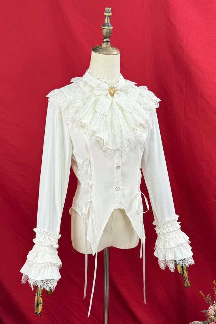 Victorian Lolita Blouse - Broken-wing Bat, 2 Colors, Stand Collar, Bow Detail, Lace Trim - additional product view 7