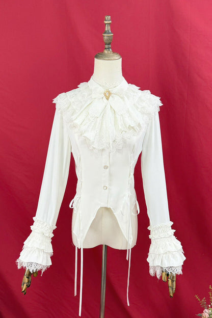 Victorian Lolita Blouse - Broken-wing Bat, 2 Colors, Stand Collar, Bow Detail, Lace Trim - additional product view 8