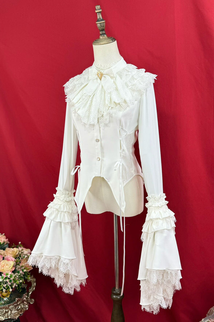 Victorian Lolita Blouse - Broken-wing Bat, 2 Colors, Stand Collar, Bow Detail, Lace Trim - S White / M White / L White option