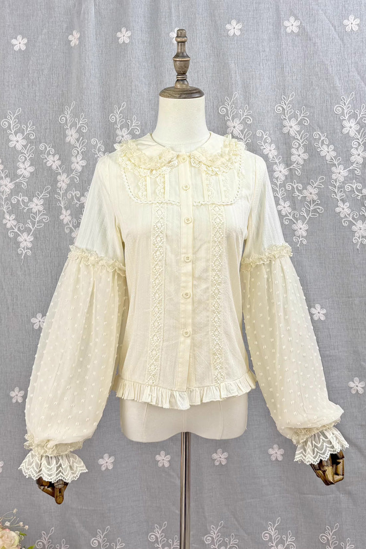 Victorian Lolita Blouse - Candy Stick, 4 Colors, Long Sleeves, Sweet Style, Lace Trim - S Apricot / M Apricot / L Apricot option
