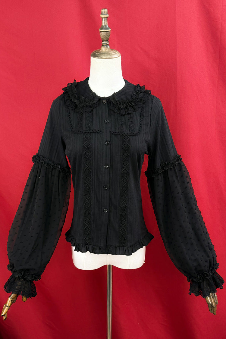 Victorian Lolita Blouse - Candy Stick, 4 Colors, Long Sleeves, Sweet Style, Lace Trim - S Black / M Black / L Black option