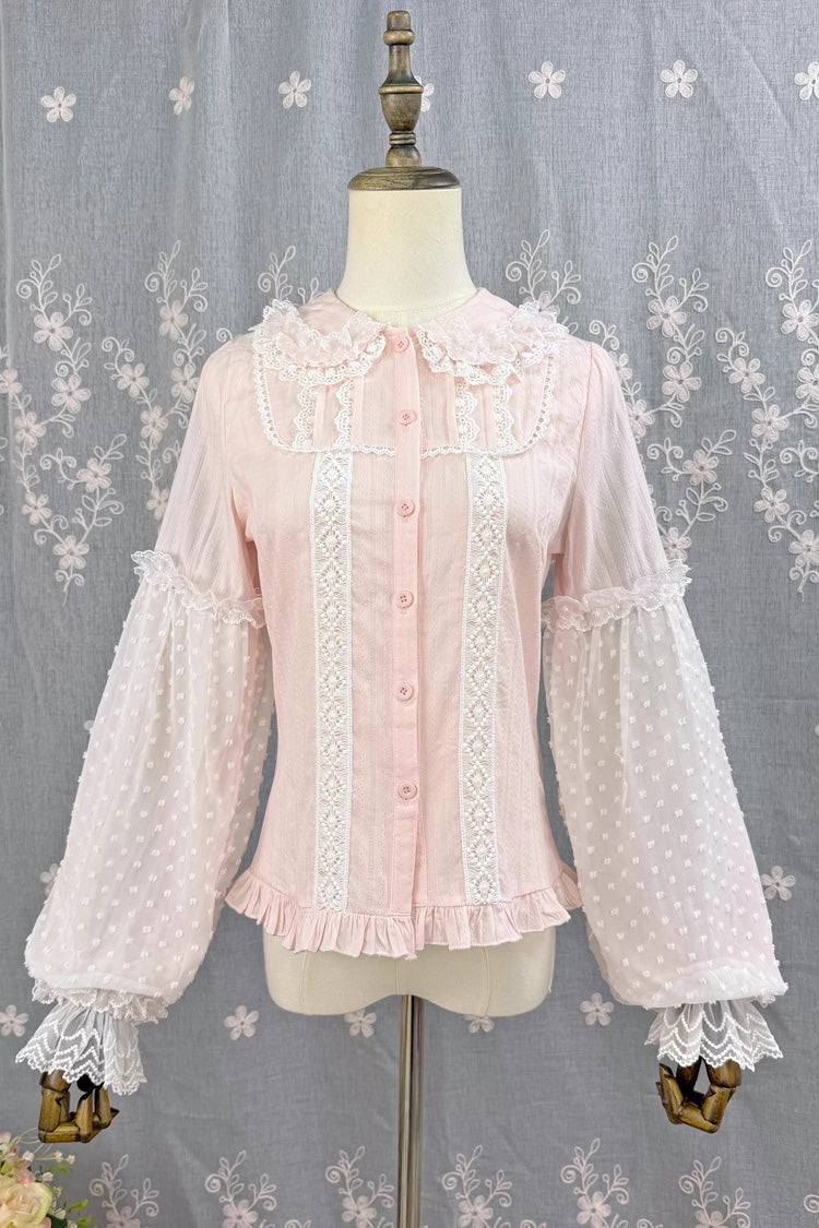 Victorian Lolita Blouse - Candy Stick, 4 Colors, Long Sleeves, Sweet Style, Lace Trim - S Pink / M Pink / L Pink option
