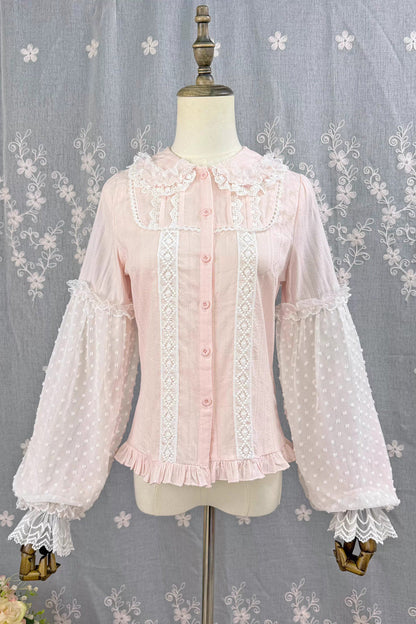 Victorian Lolita Blouse - Candy Stick, 4 Colors, Long Sleeves, Sweet Style, Lace Trim - S Pink / M Pink / L Pink option