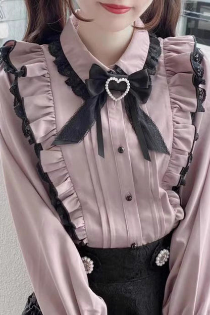 Victorian Lolita Blouse - Doll Collar, Pink, Sweet Style, Bow Detail, Lace Trim - additional product view 3