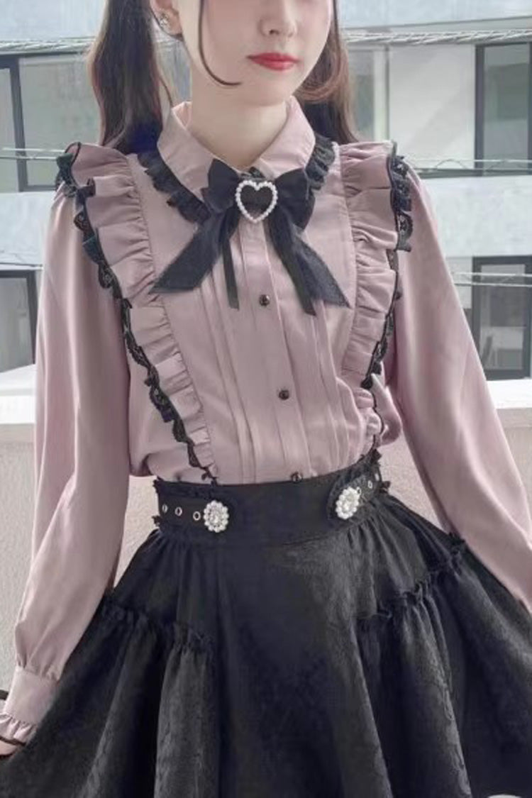 Victorian Lolita Blouse - Doll Collar, Pink, Sweet Style, Bow Detail, Lace Trim - main product image