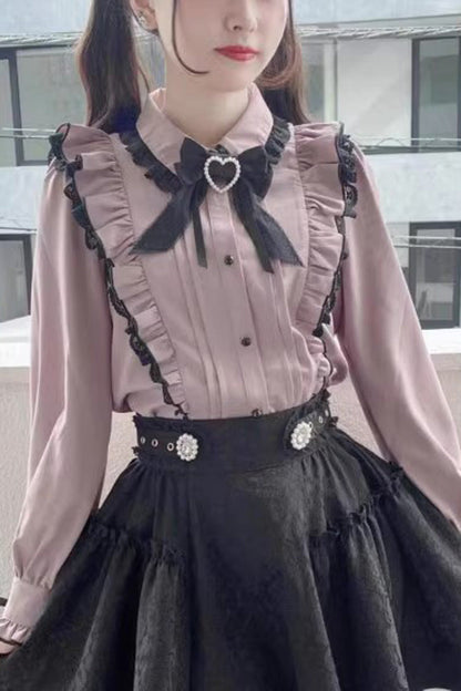 Victorian Lolita Blouse - Doll Collar, Pink, Sweet Style, Bow Detail, Lace Trim - main product image