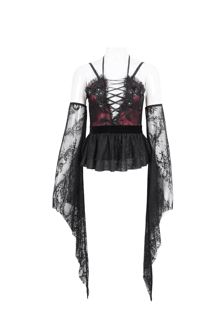 Victorian Lolita Blouse - Embroidery Stitching Lace, Red, Women's Style, Embroidered - additional product view 5
