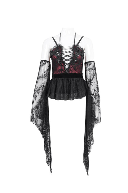 Victorian Lolita Blouse - Embroidery Stitching Lace, Red, Women's Style, Embroidered - additional product view 5