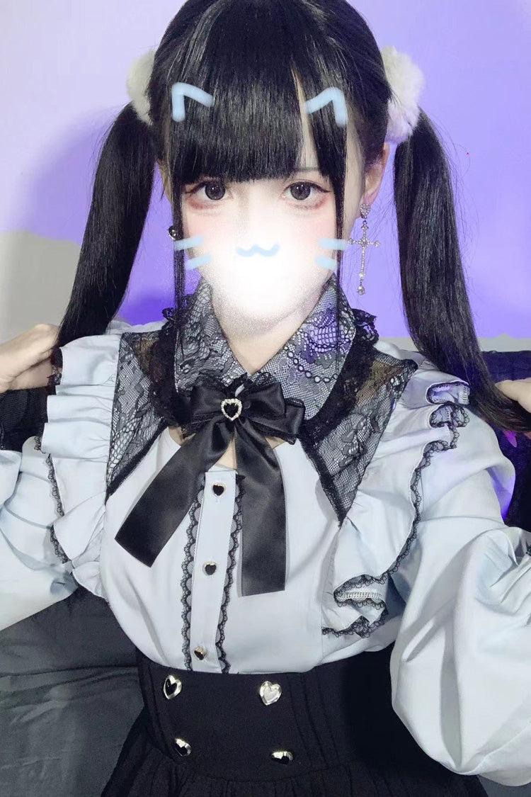 Victorian Lolita Blouse - Hollow, 4 Colors, Long Sleeves, Lace Trim - S Blue / M Blue / L Blue option